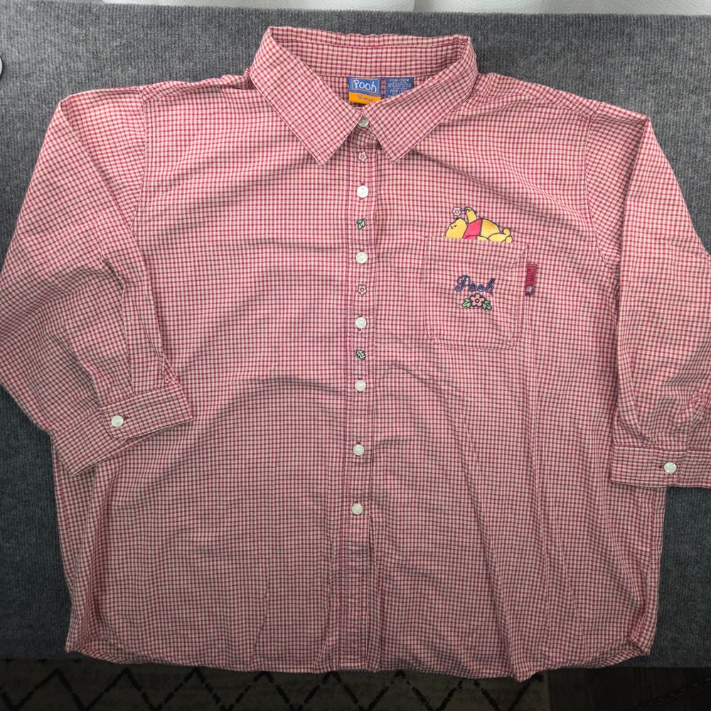 Pooh Disney Button Down Shirt Women 26W Red Gingham Embroidered Vintage Cotton